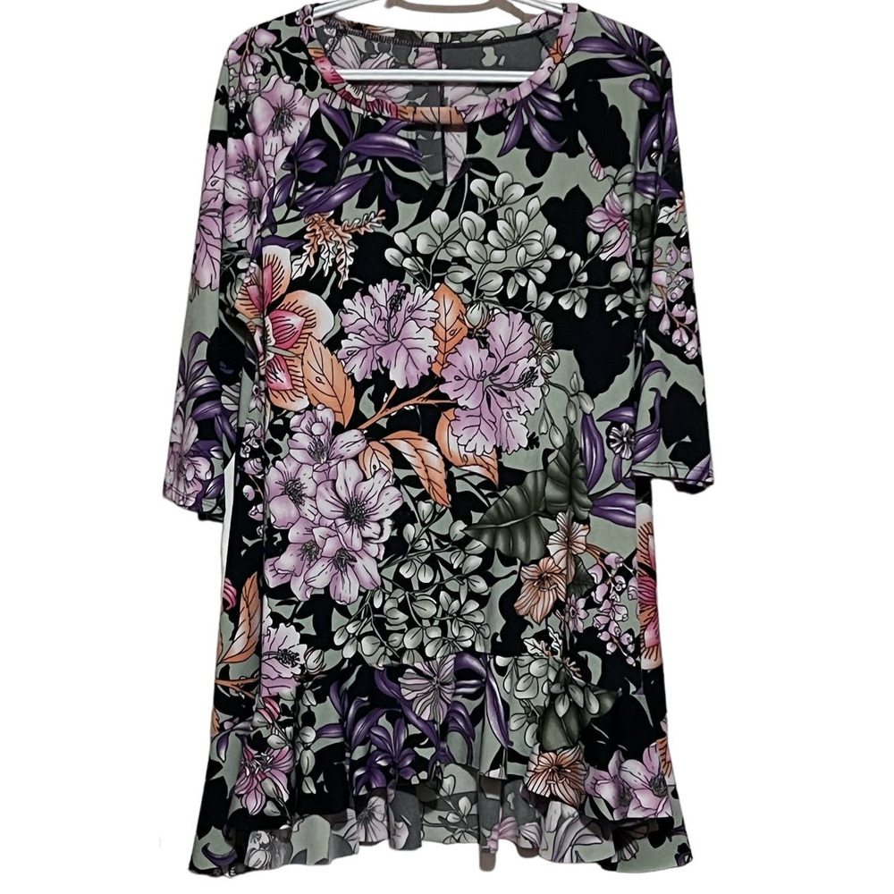 Unknown Brand Women's Black‎ Floral Purple 3/4 Sleeves High Low Blouse Peek Hole